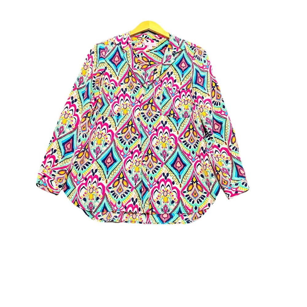 LILLY PULITZER Elsa Top 100% Silk Size Medium Colorful Pockets Popover Tropical